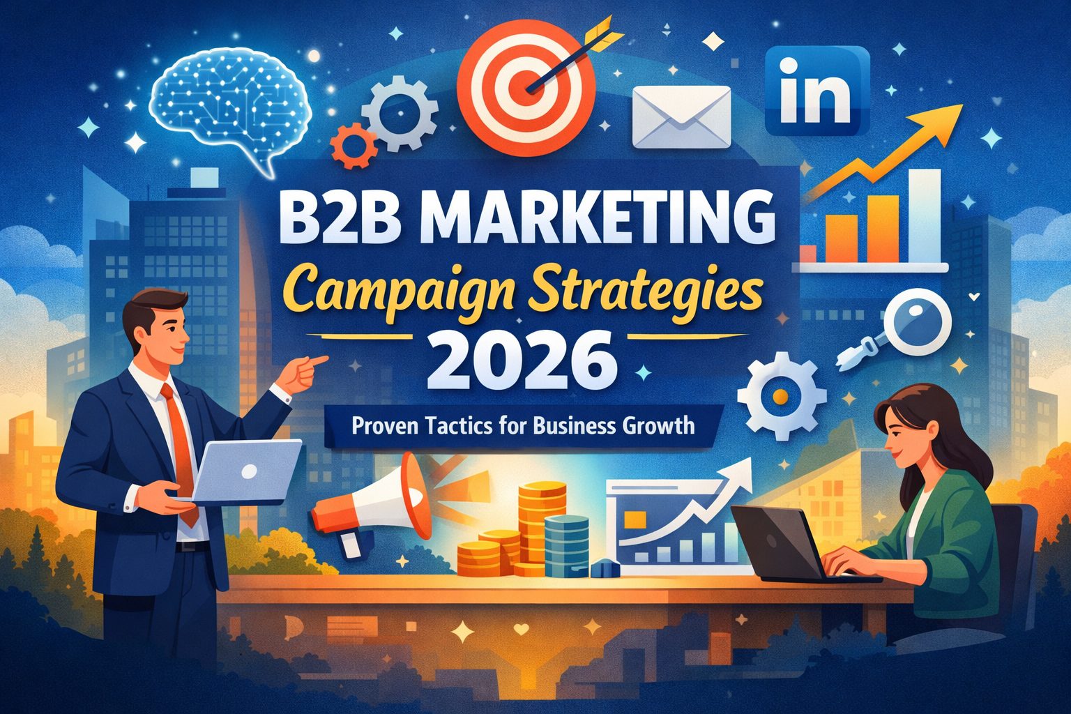 B2B marketing campaign strategies 2026 digital marketing illustration with analytics, AI, and business growth concepts